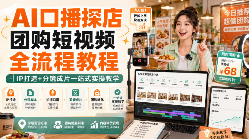 AI口播探店团购短视频全流程教程｜IP打造+分镜成片一站式实操教学-巅峰研习社