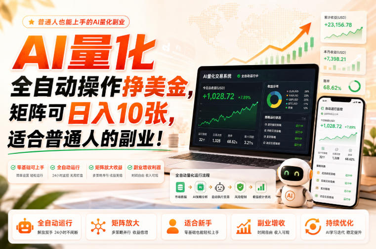 AI量化全自动操作挣美金，矩阵可日入10张，适合普通人的副业！【揭秘】-巅峰研习社