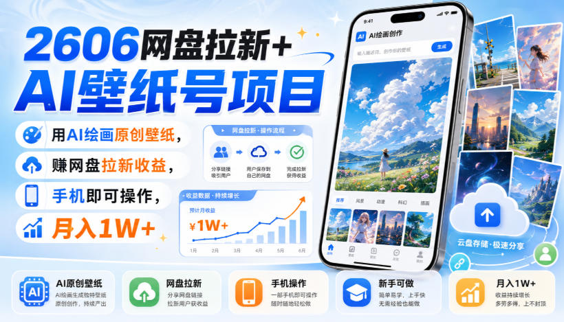 2606网盘拉新+AI壁纸号项目，用AI绘画原创壁纸，賺网盘拉新收益，手机即可操作，月入1W+-巅峰研习社