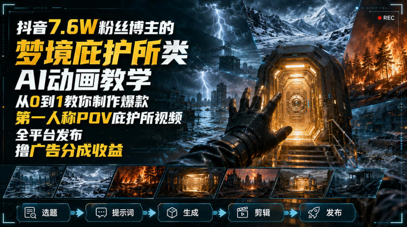 抖音7.6W粉丝博主的梦境庇护所类AI动画教学,从0到1教你制作爆款第一人称POV庇护所视频,全平台发布撸广告分成收益-巅峰研习社