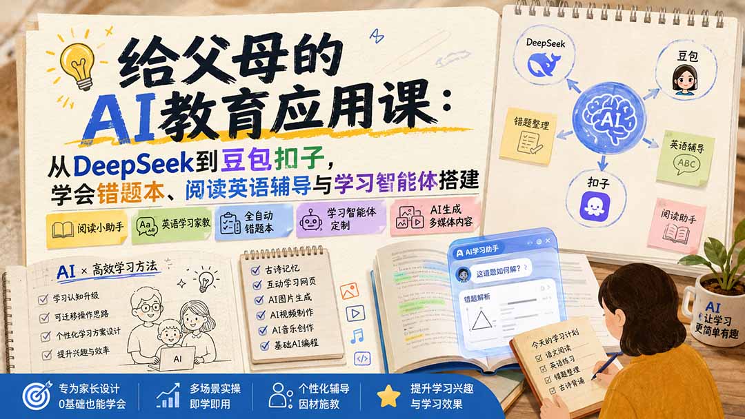 给父母的AI教育应用课：从DeepSeek到豆包扣子，学会错题本、阅读英语辅导与学习智能体搭建-巅峰研习社