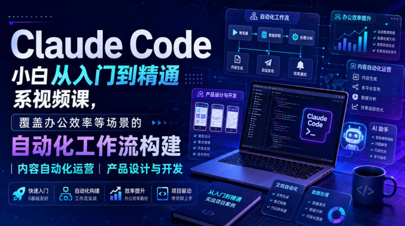 Claude Code小白从入门到精通系视频课,覆盖办公效率等场景的自动化工作流构建|内容自动化运营|产品设计与开发-巅峰研习社