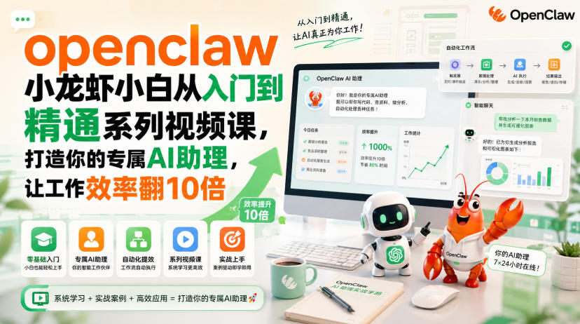 openclaw小龙虾小白从入门到精通系列视频课,打造你的专属AI助理,让工作效率翻10倍-巅峰研习社