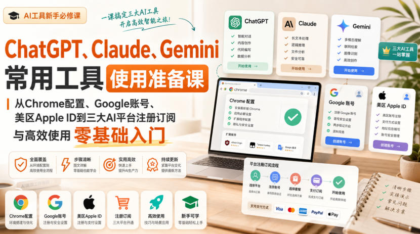ChatGPT、Claude、Gemini常用工具使用准备课｜从Chrome配置、Google账号、美区Apple ID到三大AI平台注册订阅与高效使用零基础入门-巅峰研习社