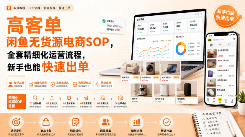 高客单闲鱼无货源电商SOP，全套精细化运营流程，新手也能快速出单-巅峰研习社