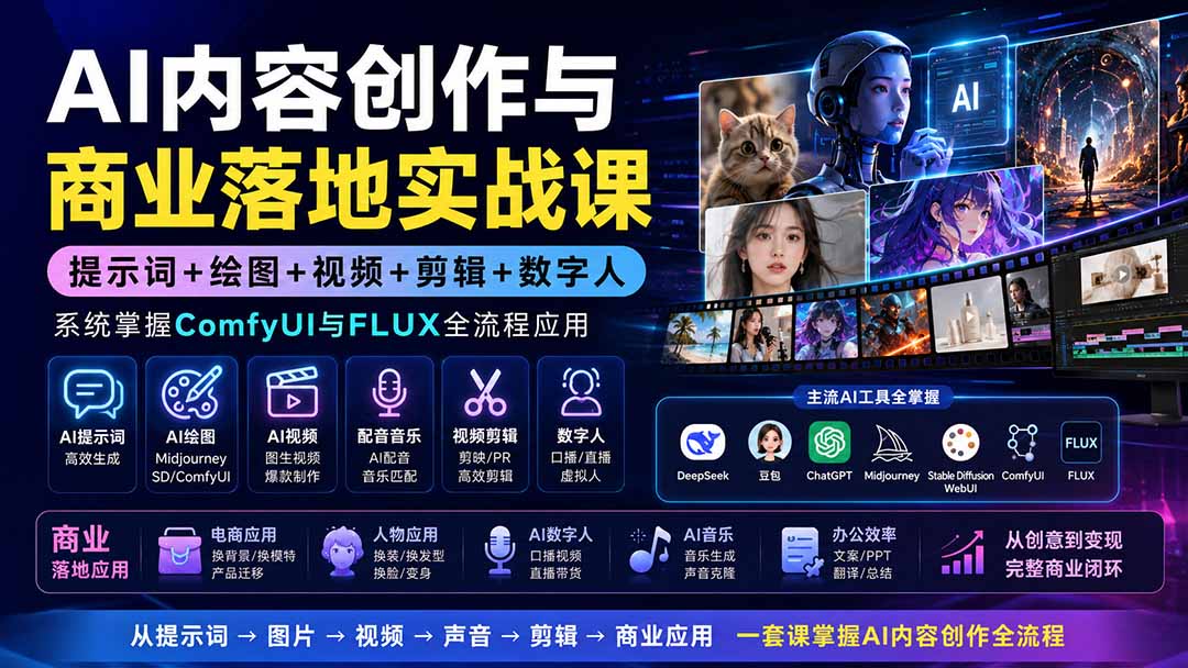 AI内容创作与商业落地实战课：提示词+绘图+视频+剪辑+数字人，系统掌握ComfyUI与FLUX全流程应用-巅峰研习社
