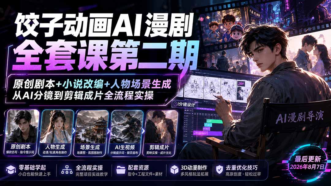 饺子动画AI漫剧全套课第二期：原创剧本+小说改编+人物场景生成，从AI分镜到剪辑成片全流程实操-巅峰研习社