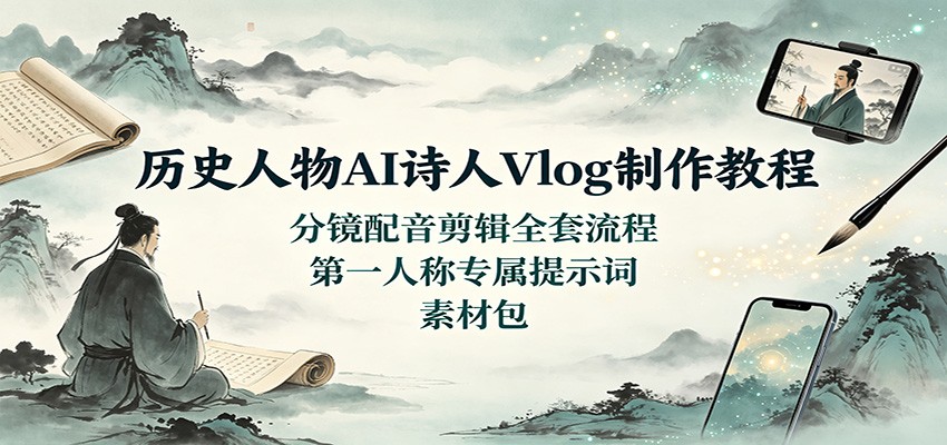 历史人物AI诗人Vlog制作教程：分镜配音剪辑全套流程，第一人称专属提示词素材包-巅峰研习社