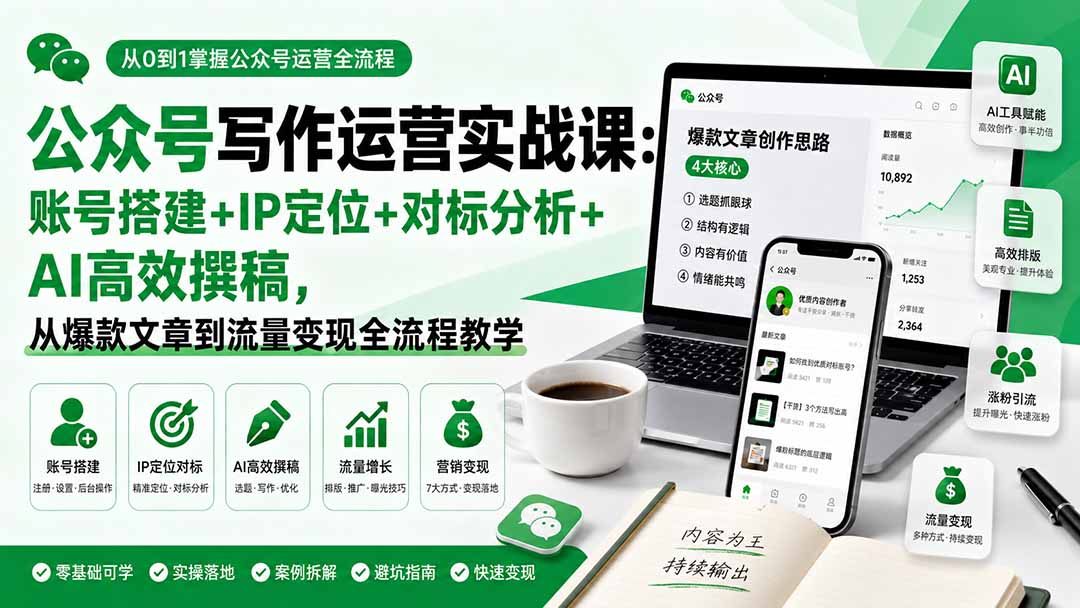 公众号写作运营实战课:账号搭建+IP定位+对标分析+AI高效撰稿,从爆款文章到流量变现全流程教学-巅峰研习社