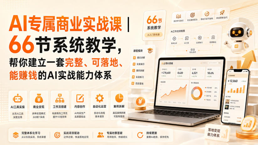 AI专属商业实战课｜66节系统教学，帮你建立一套完整、可落地、能賺钱的AI实战能力体系-巅峰研习社