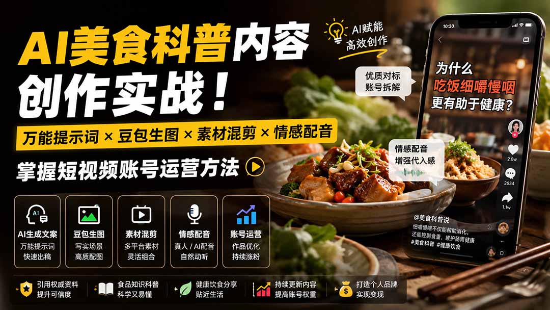 外面卖199元-AI美食科普内容创作实战!万能提示词×豆包生图×素材混剪×情感配音,掌握短视频账号运营方法-巅峰研习社
