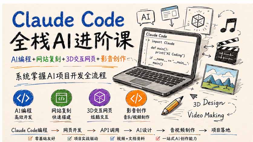 Claude Code全栈AI进阶课;AI编程+网站复刻+3D交互网页+影音创作,系统掌握AI项目开发全流程-巅峰研习社