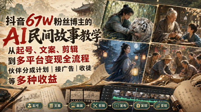 抖音67W粉丝博主的AI民间故事教学，从起号、文案、剪辑到多平台变现全流程，伙伴分成计划接广告等多种收益，月入1W+-巅峰研习社