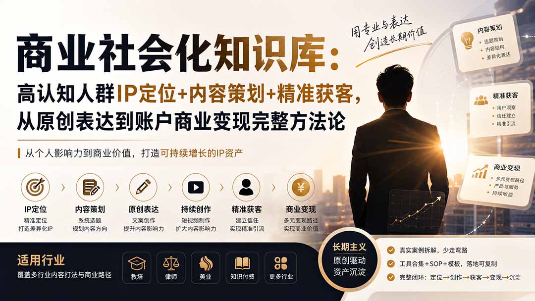 商业社会化知识库:高认知人群IP定位+内容策划+精准获客,从原创表达到账户商业变现完整方法论-巅峰研习社