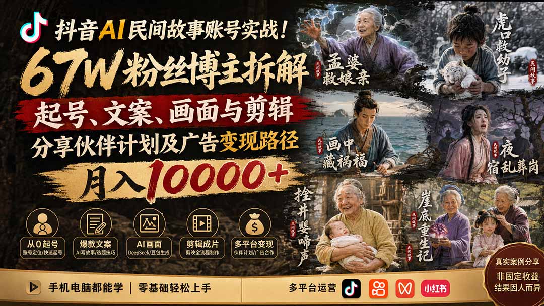 抖音AI民间故事账号实战！67W粉丝博主拆解起号、文案、画面与剪辑，分享伙伴计划及广告变现路径，月入10000+-巅峰研习社