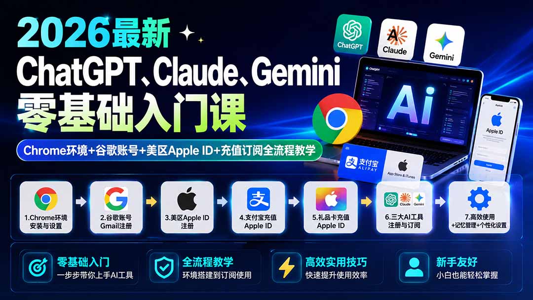 2026最新ChatGPT、Claude、Gemini零基础入门课:Chrome环境+谷歌账号+美区Apple ID+充值订阅全流程教学-巅峰研习社