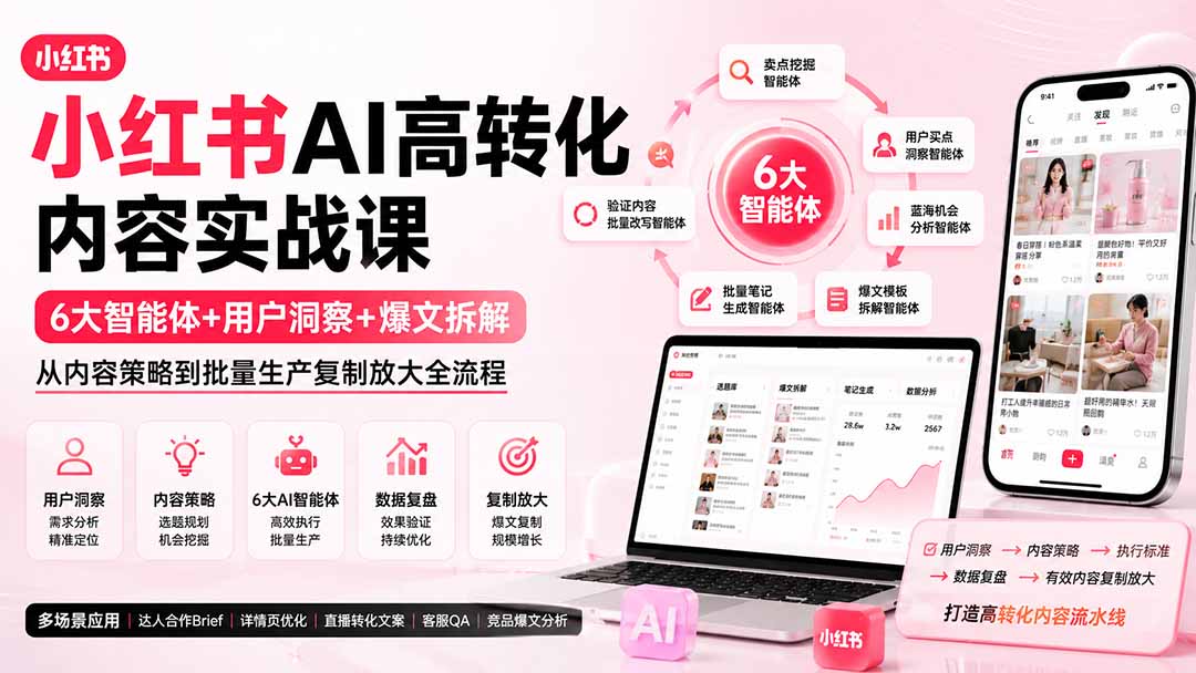 小红书AI高转化内容实战课:6大智能体+用户洞察+爆文拆解,从内容策略到批量生产复制放大全流程-巅峰研习社