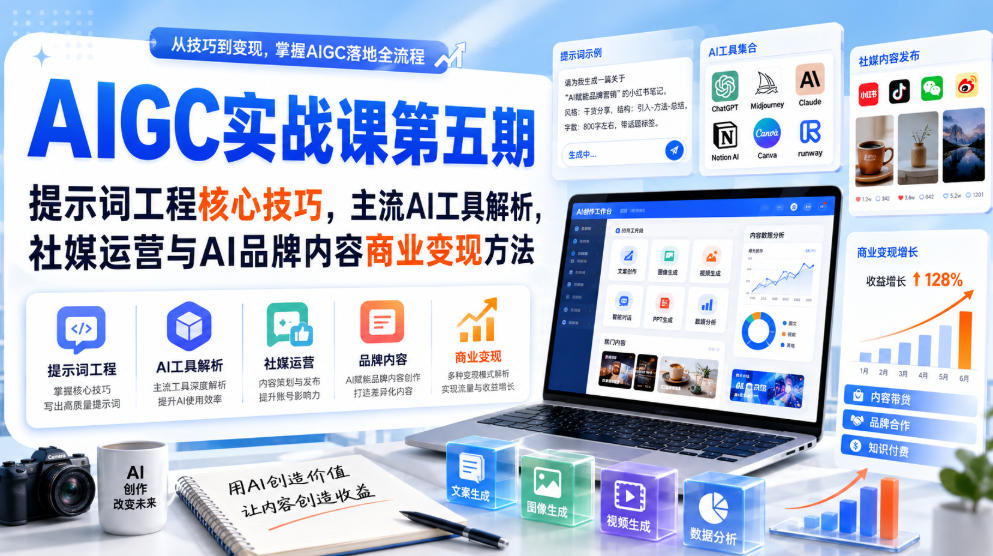 刺猬星球·AIGC实战课第五期，提示词工程核心技巧，主流AI工具解析，社媒运营与AI品牌内容商业变现方法-巅峰研习社