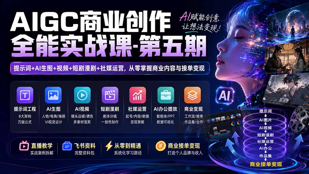AIGC商业创作全能实战课-第五期：提示词+AI生图+视频+短剧漫剧+社媒运营，从零掌握商业内容与接单变现-巅峰研习社