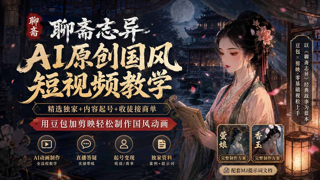聊斋志异AI原创国风短视频教学-更新；精选独家+内容起号+收徒接商单，用豆包加剪映轻松制作国风动画-巅峰研习社