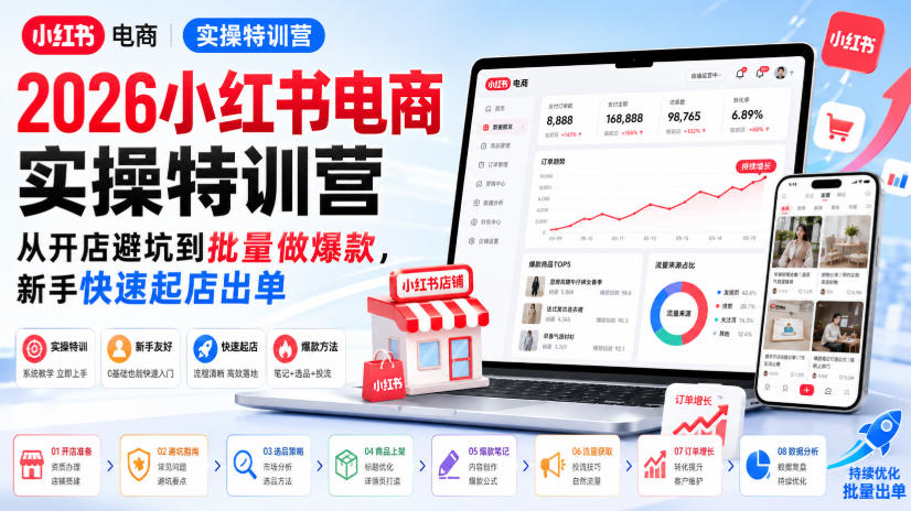 2026小红书电商实操特训营,从开店避坑到批量做爆款,新手快速起店出单-巅峰研习社