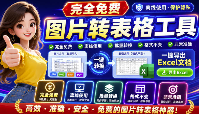 图片表格识别提取工具,支持一键从图片中智能提取表格并导出Excel文件,可离线免网运行,FastTableOCR