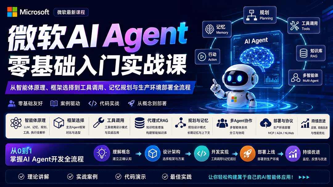 微软AI Agent零基础入门实战课：从智能体原理、框架选择到工具调用、记忆规划与生产环境部署全流程-巅峰研习社