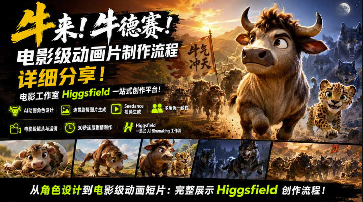 牛来！牛德赛！电影级动画片制作流程详细分享！电影工作室Higgsfield一站式创作平台，完整创作流程-巅峰研习社