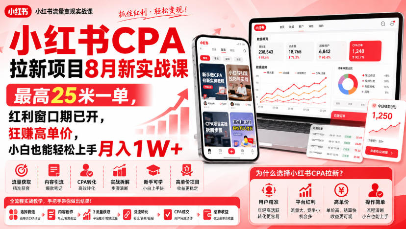小红书CPA拉新项目8月新实战课，最高25米一单，红利窗口期已开，狂賺高单价，小白也能轻松上手月入1W+-巅峰研习社