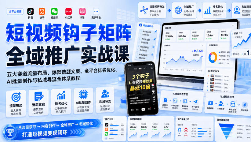 短视频钩子矩阵全域推广实战课｜五大赛道流量布局、爆款选题文案、全平台排名优化、AI批量创作与私域导流全体系教程-巅峰研习社