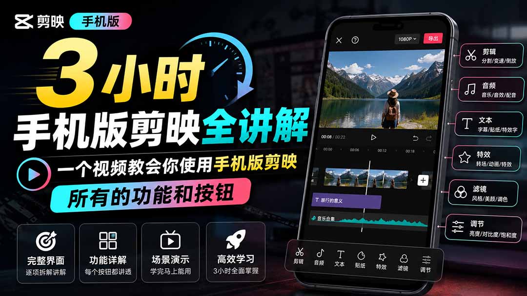 3小时手机版剪映全讲解,一个视频教会你使用手机版剪映,所有的功能和按钮-巅峰研习社