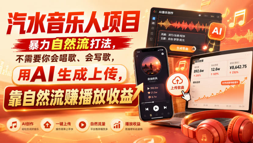 汽水音乐人项目，暴力自然流打法，不需要你会唱歌、会写歌，用AI生成上传，靠自然流賺播放收益-巅峰研习社