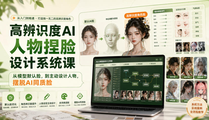 高辨识度AI人物捏脸设计系统课，从模型默认脸，到主动设计人物，摆脱AI同质脸-巅峰研习社
