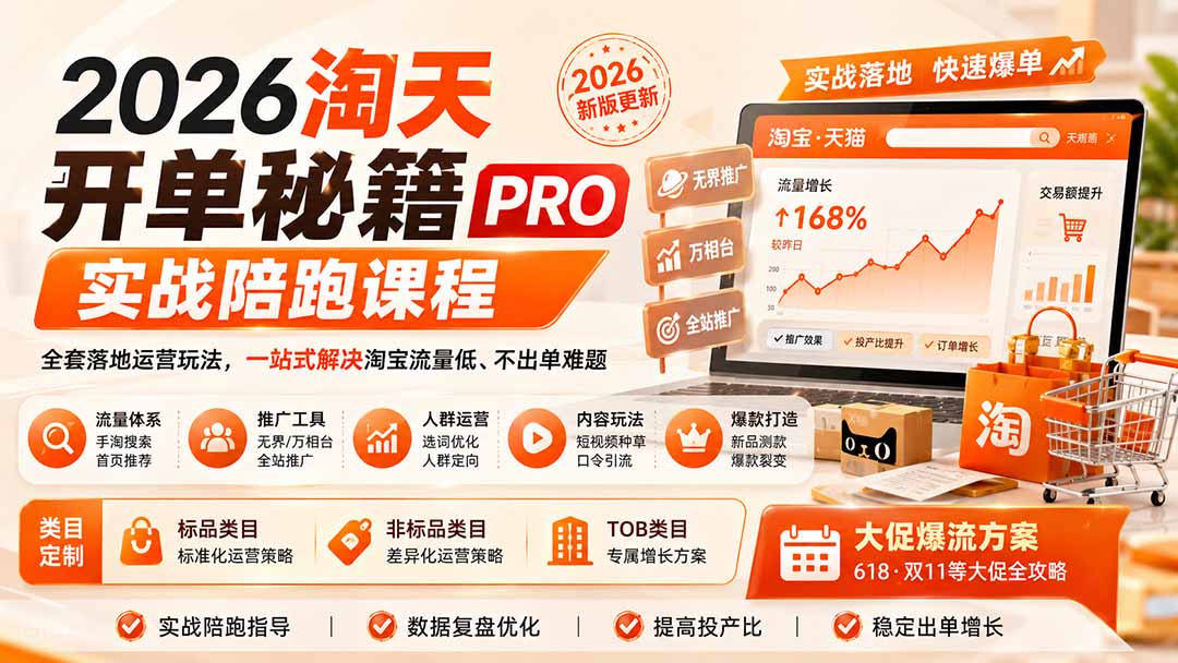 2026淘天开单秘籍PRO实战陪跑课程:全套落地运营玩法,一站式解决淘宝流量低、不出单难题(更新260823-巅峰研习社