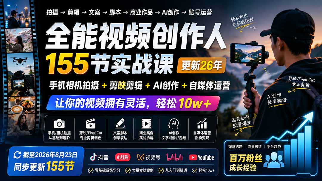 全能视频创作人155节实战课-更新26年8月:手机相机拍摄+剪映剪辑+AI创作+自媒体运营,让你的视频拥有灵活,轻松10w-巅峰研习社
