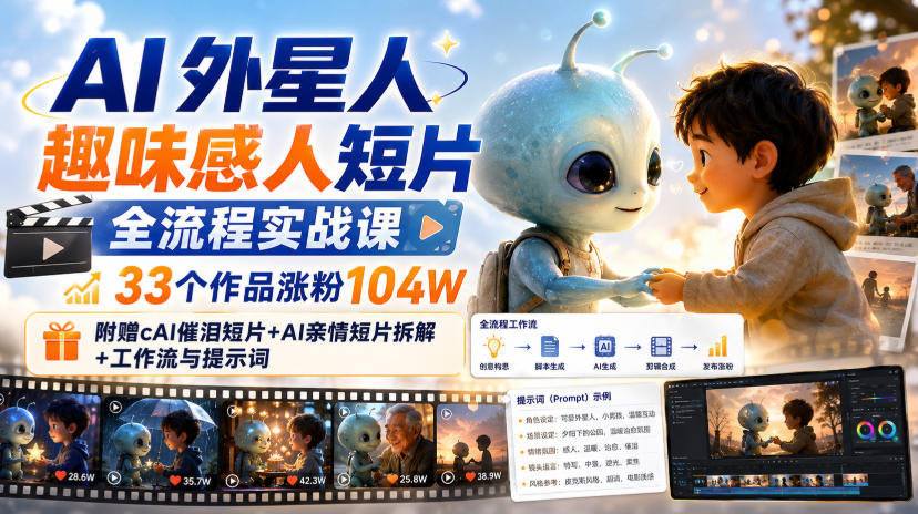 AI外星人趣味感人短片全流程实战课，33个作品涨粉104W，附赠AI催泪短片+AI亲情短片拆解+工作流与提示词-巅峰研习社
