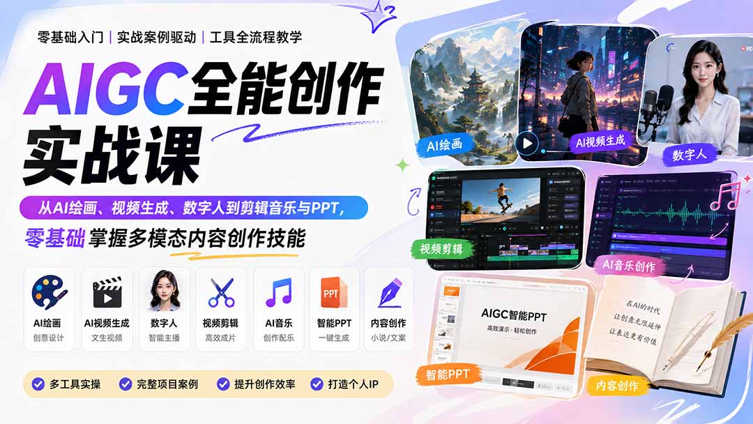 AIGC全能创作实战课：从AI绘画、视频生成、数字人到剪辑音乐与PPT，零基础掌握多模态内容创作技能-巅峰研习社