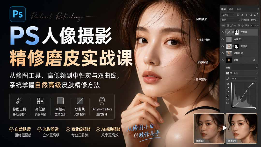 PS人像摄影精修磨皮实战课：从修图工具、高低频到中性灰与双曲线，系统掌握自然高级皮肤精修方法-巅峰研习社