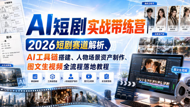 AI短剧实战带练营｜2026短剧赛道解析、AI工具链搭建、人物场景资产制作、图文生视频全流程落地教程-巅峰研习社