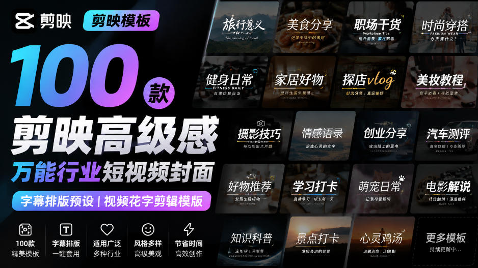 【剪映模板】100款剪映高级感万能行业短视频封面字幕排版预设视频花字剪辑模版-巅峰研习社