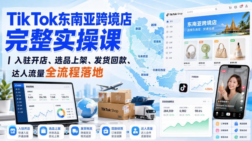 TikTok东南亚跨境店完整实操课｜入驻开店、选品上架、发货回款、达人流量全流程落地-巅峰研习社