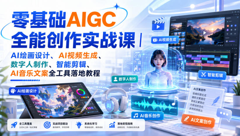 零基础AIGC全能创作实战课｜AI绘画设计、AI视频生成、数字人制作、智能剪辑、AI音乐文案全工具落地教程-巅峰研习社