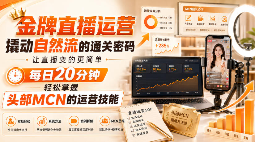 金牌直播运营撬动自然流的通关密码，让直播变的更简单，每日20分钟，轻松掌握头部MCN的运营技能-巅峰研习社