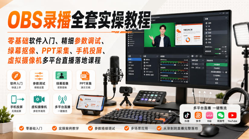 OBS录播全套实操教程|零基础软件入门、精细参数调试、绿幕抠像、手机投屏、虚拟摄像机多平台直播落地课程-巅峰研习社