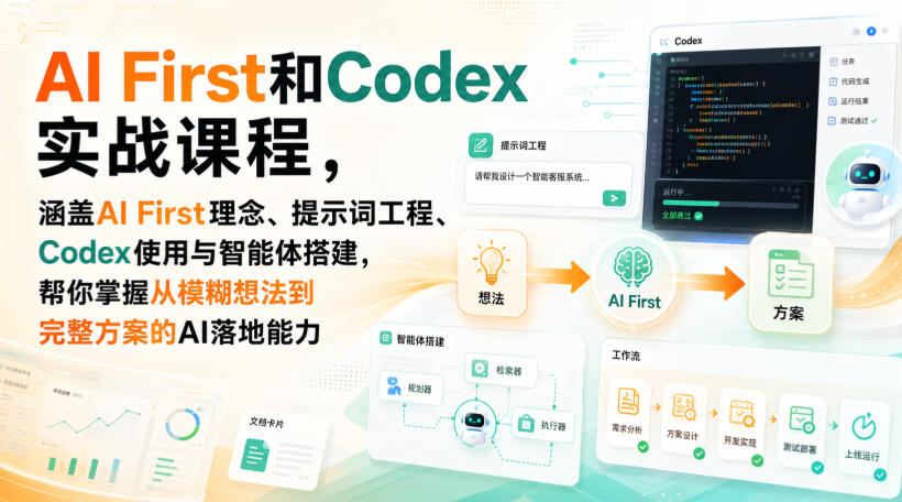AI First和Codex实战课，涵盖AI First理念、提示词工程、Codex使用与智能体搭建，掌握从模糊想法到完整方案的AI落地能力-巅峰研习社
