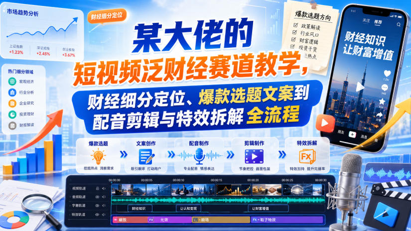 某大佬的短视频泛财经赛道教学，财经细分定位、爆款选题文案到配音剪辑与特效拆解全流程-巅峰研习社