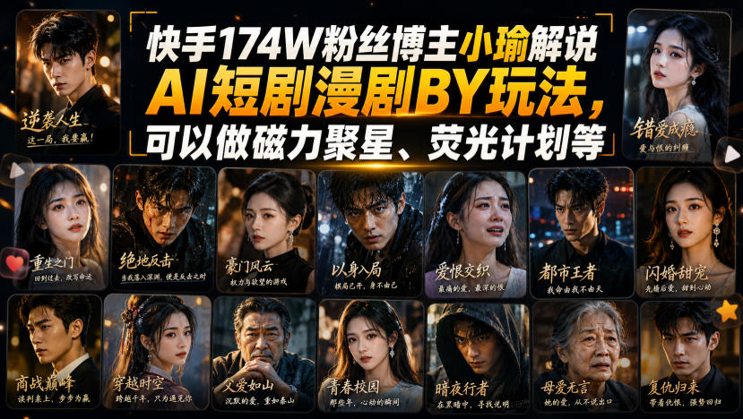 快手174W粉丝博主小瑜解说AI短剧漫剧搬运玩法，可以做磁力聚星、荧光计划等-巅峰研习社