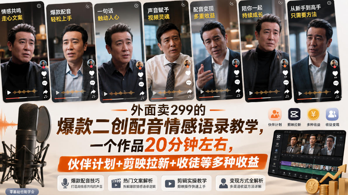 外面卖299的爆款二创配音情感语录教学，一个作品20分钟左右，伙伴计划+剪映拉新+收徒等多种收益-巅峰研习社