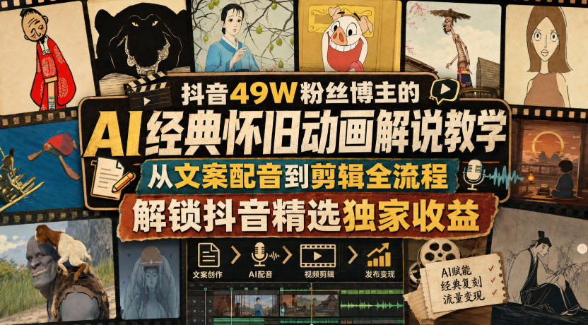 抖音49W粉丝博主的AI经典怀旧动画解说教学，从文案配音到剪辑全流程，解锁抖音精选独家收益-巅峰研习社