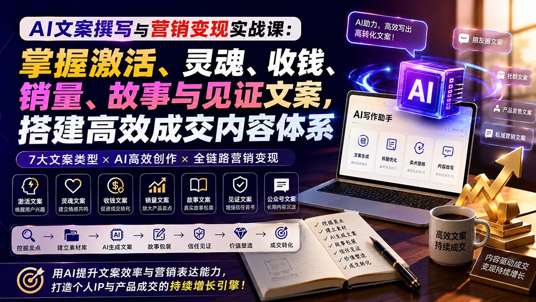 AI文案撰写与营销变现实战课：掌握激活、灵魂、收钱、销量、故事与见证文案，搭建高效成交内容体系-巅峰研习社
